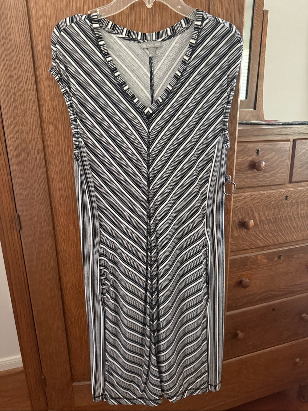 Talbots Black & White Striped V-Neck Midi Dress